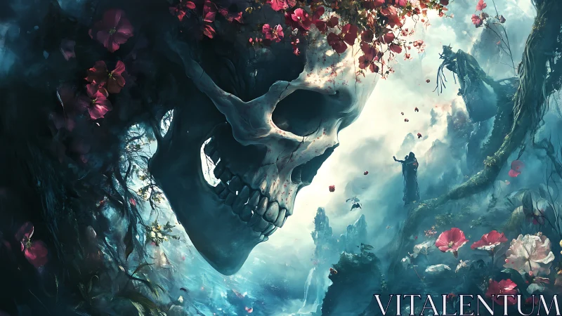 Colossal floral skull dominates mist-laden fantasy ravine