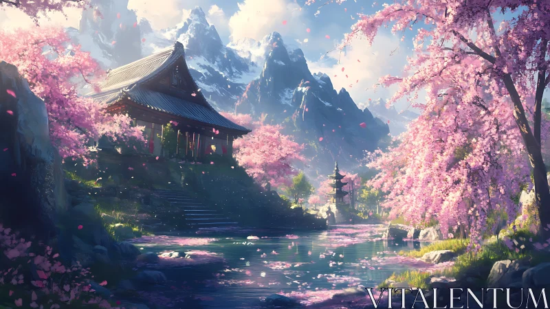 Serene mountain temple embraces cherry blossoms in bloom.