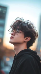 Portrait of youth in golden hour bokeh with reflective glasses.