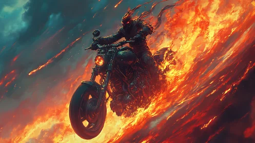 Flaming skeletal rider on motorcycle in storm of fire.