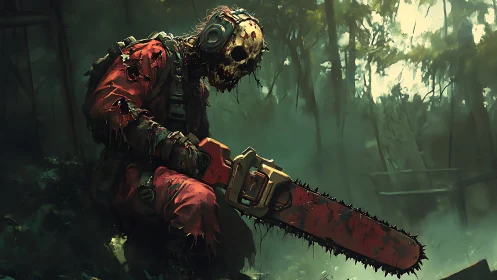 Eerie forest wanderer rests with a stained chainsaw in hand