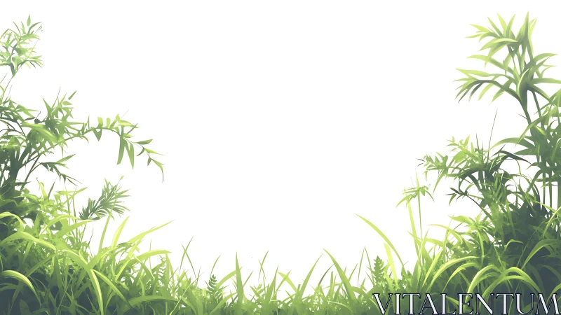 Green foliage border with grass and plants on white background.