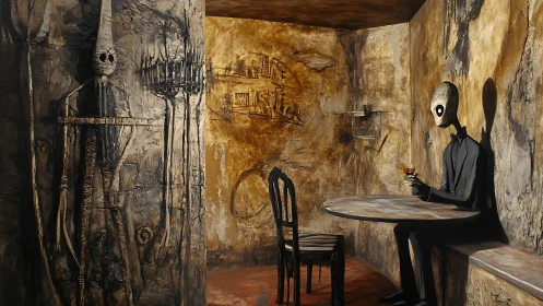 Surreal figure drinks alone in textured ochre chamber.