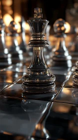 Gleaming glass king stands poised at the heart of the board