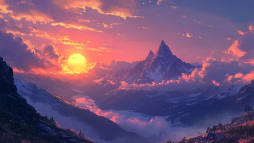 Sunset crown over dreamlit peaks in molten lavender skies.