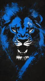 Blue splatter lion illustration with fierce roaring face.