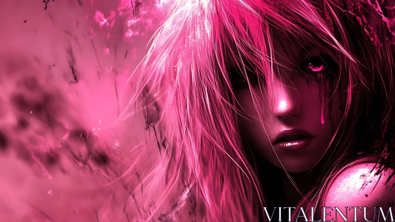 Pink lit digital portrait shows close-up stylized face