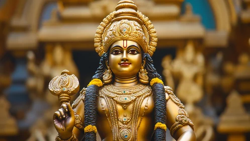 Gilded Hindu deity statue with intricate sculptural detailing.