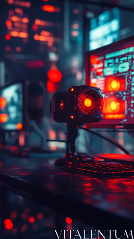 Cyberpunk surveillance workstation with luminous sensor core.