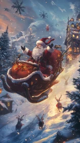 Santa soars above a glowing winter village on Christmas Eve