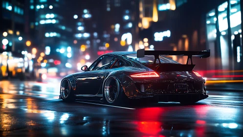 Midnight street racer hums through neon soaked city rain