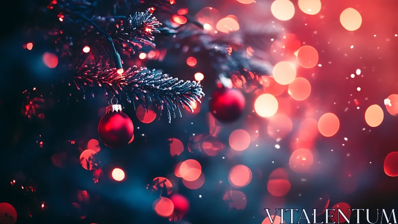 Crimson baubles glow on a winter tree bathed in festive bokeh.