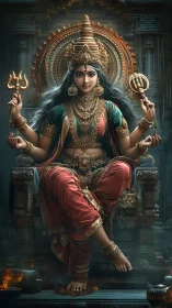 Seated multi-armed deity figure in ornate temple setting.