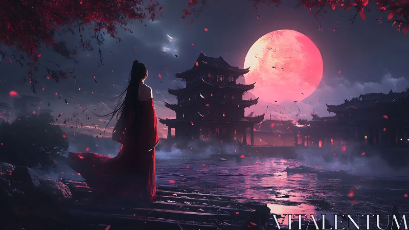 Moonlit scarlet river dream with silent temple watcher.
