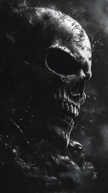 Eroded monolithic skull rendered in high-contrast chiaroscuro.