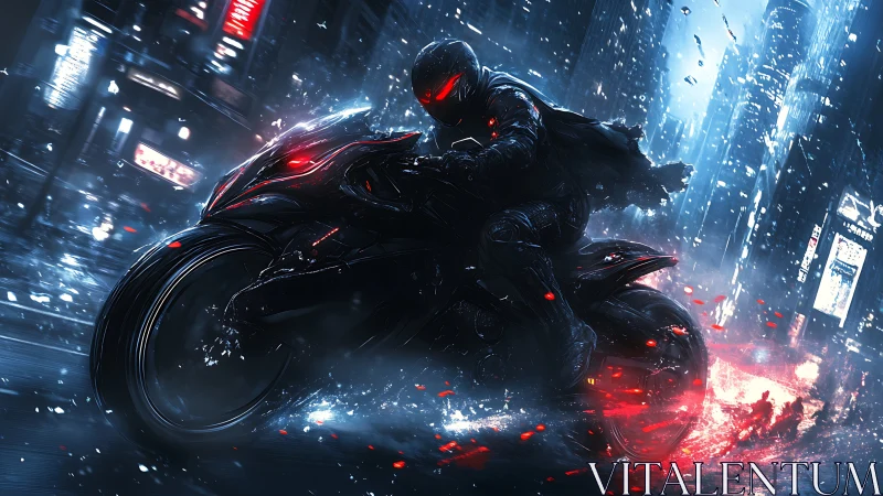 Neon phantom rider carving sparks through rain-slick night.