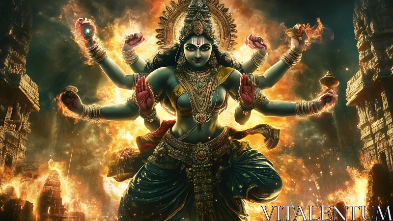 Radiant multi-armed goddess dancing in blazing temple fire.