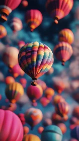 Multicolored hot air balloons in vertical cinematic ascent.