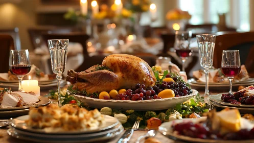 Roasted holiday turkey anchors an opulent candlelit tablescape
