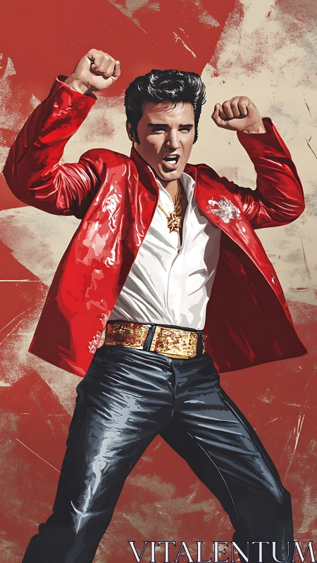 Dynamic rock singer portrait in red jacket on bold ground.