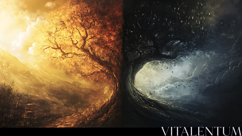 Dual-world life tree dividing radiant day and dark night.