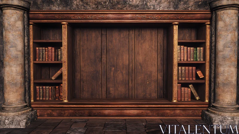 Welcoming wooden bookshelf framing a quiet hidden doorway.