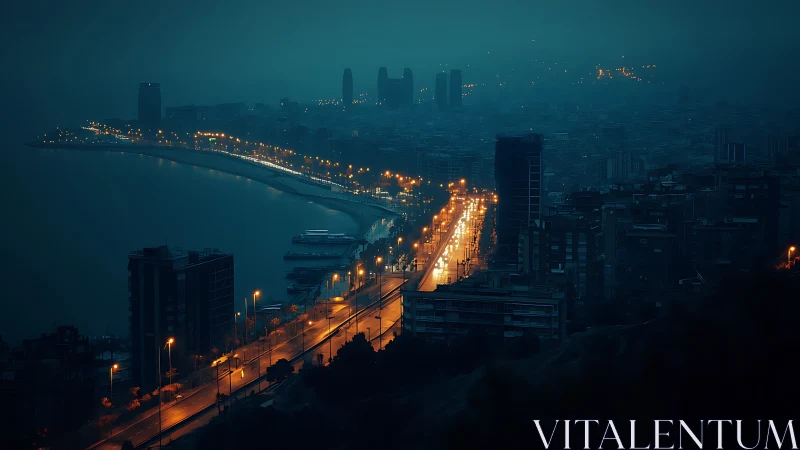 Midnight shoreline freeway humming under ocean-blue haze.