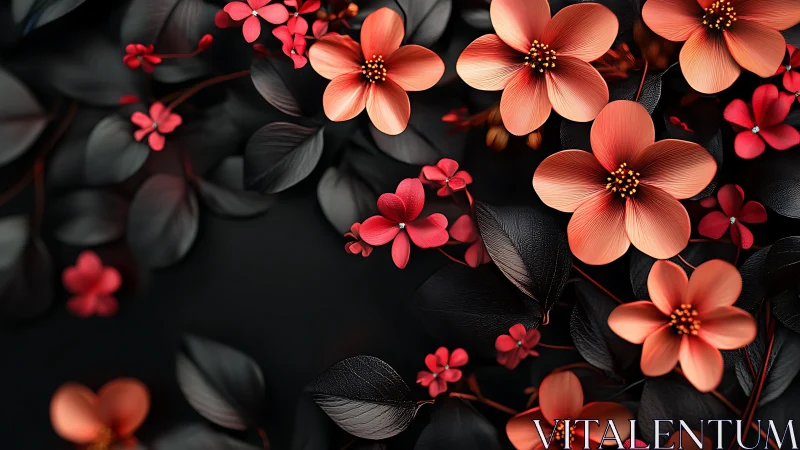 Red and coral flowers on dark foliage background