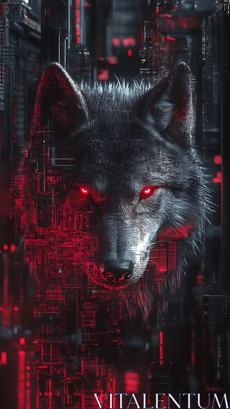 Cybernetic wolf sentinel with neon-red gaze in digital dusk.
