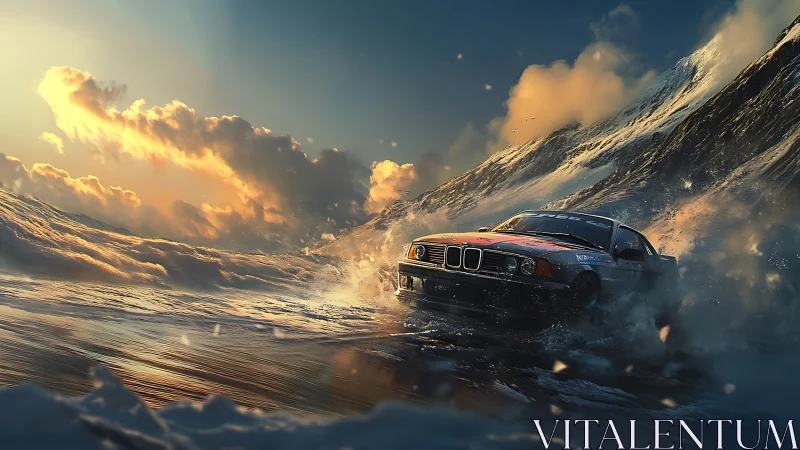 Rally car traversing shallow surf beside steep coastal ridge.