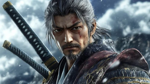 Battle hardened samurai warrior with swords in snowfall.