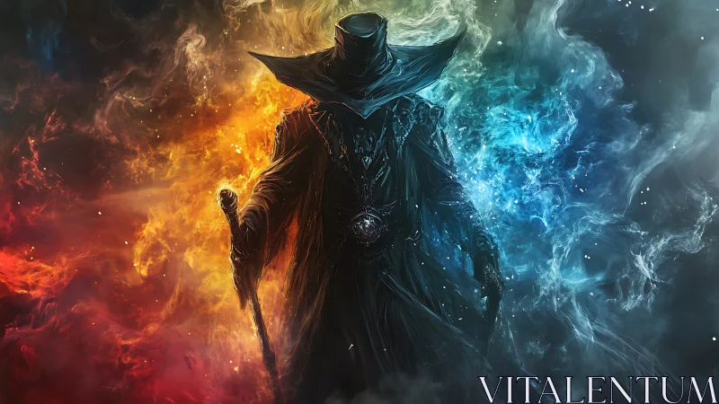 Cloaked central figure stands amid bifurcated fire and ice aura