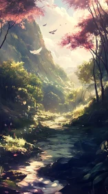 Luminous canyon landscape with floating birds and cherry blossom canopy