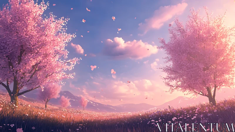 Cherry blossom valley under warm spring sunset sky.