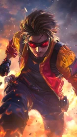 Dynamic cyber-hero sprint through explosive urban inferno.