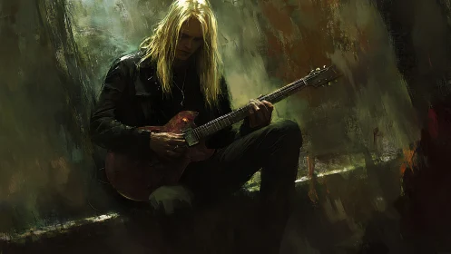 Moody digital painting of solitary guitarist in chiaroscuro tones.