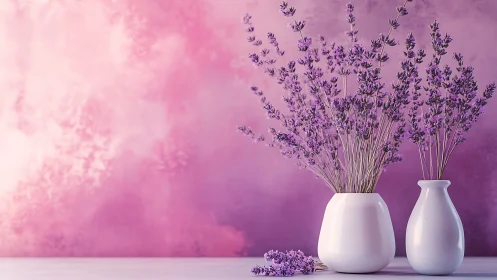 Serene Lavender Arrangement in White Vases Against Gradient Purple