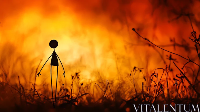 Stick Figure's Sunset Reverie: Solitude Among Dying Blooms.