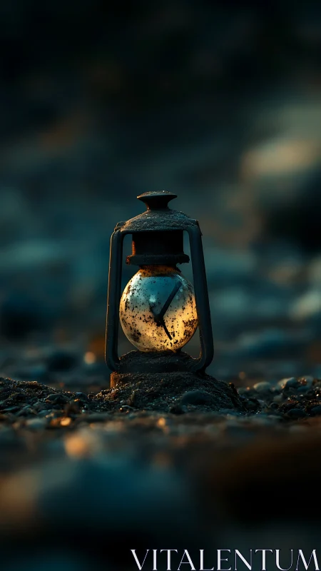 Rust-coated glass lantern rests on wet pebbled shoreline at dusk