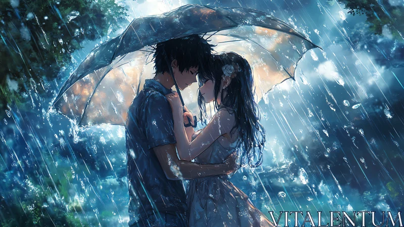 Romantic anime couple embracing under umbrella in rain.