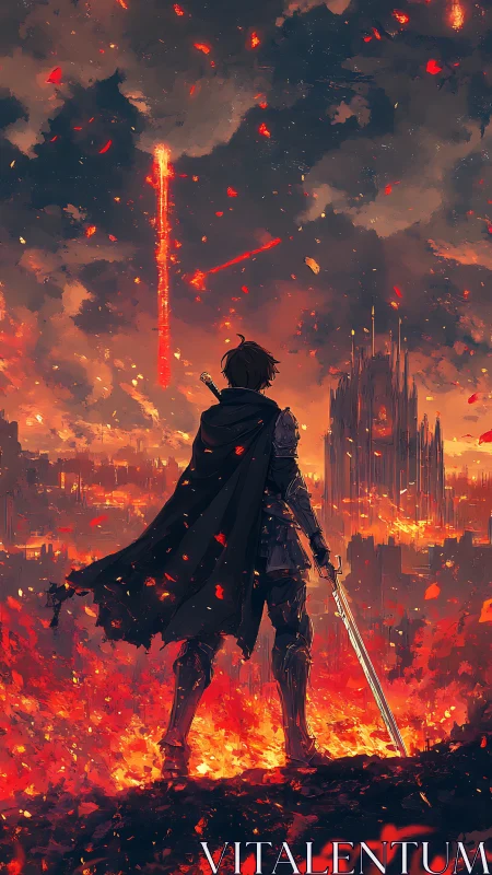 Lone warrior gazes over a burning fantasy city in dusk.