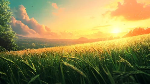 Sunlit wheat field slopes toward distant rolling hills at dusk