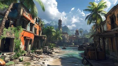 Tropical Coastal Settlement with Ornate Architecture, Turquoise Water