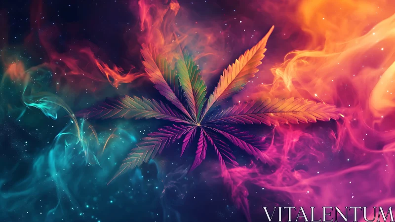 Nebula-tinted cannabis leaf drifts through chromatic cosmic haze