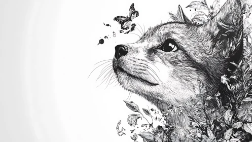 Curious fox gazes at butterfly in a dreamy floral sketch.