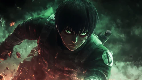 Fierce anime warrior surging through glowing green chaos.