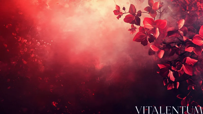 Red floral branch silhouettes emerge from diffuse crimson gradient