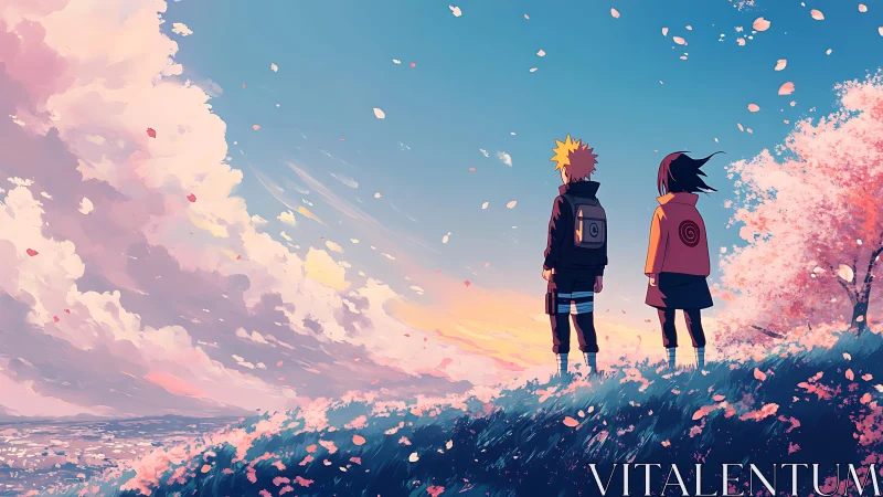 Sunset hill duo watch drifting petals over distant city.