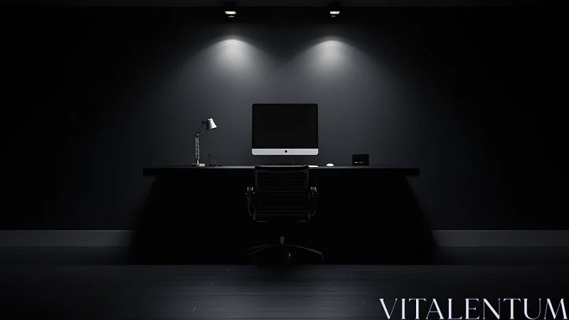 Calm minimalist desk setup glowing in a cozy dark room.