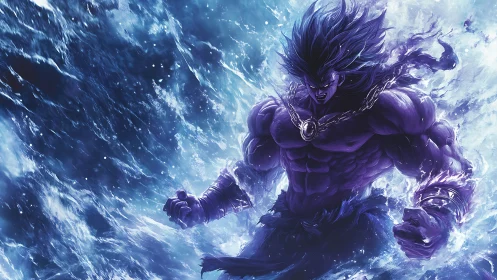 Purple muscular figure emerges amid turbulent blue energy field